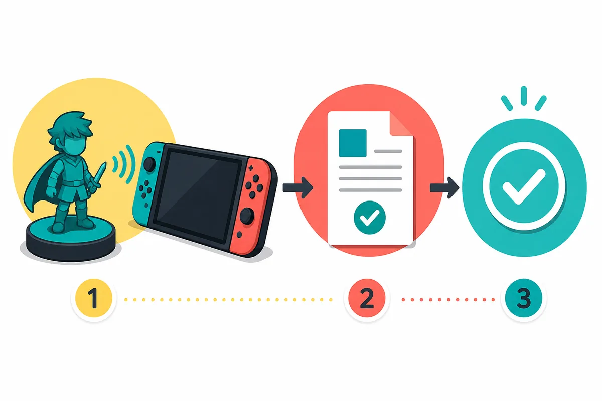 Redaktionelle Illustration mit drei Schritten zur Prüfung eines amiibo anhand von Konsole und offizieller Quelle