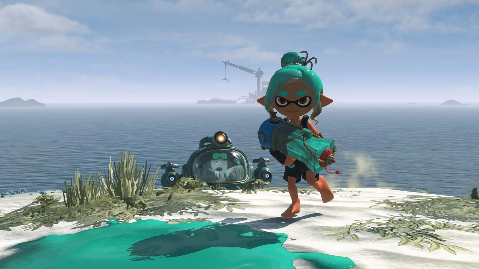Capture officielle de Splatoon Raiders montrant le Mécano qui explore une île avec un gadget