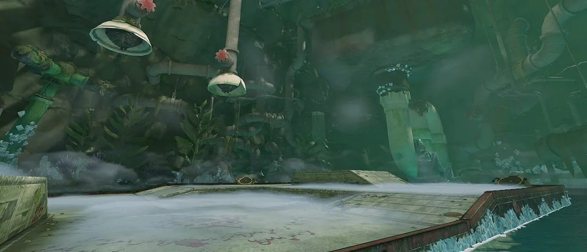 Official Splatoon Raiders exploration scene showing an enclosed industrial route and environmental landmark