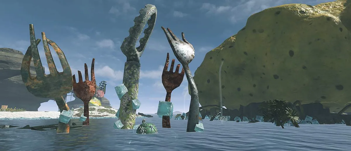 Official Splatoon Raiders environment scene with landmark structures across the Spirhalite Islands