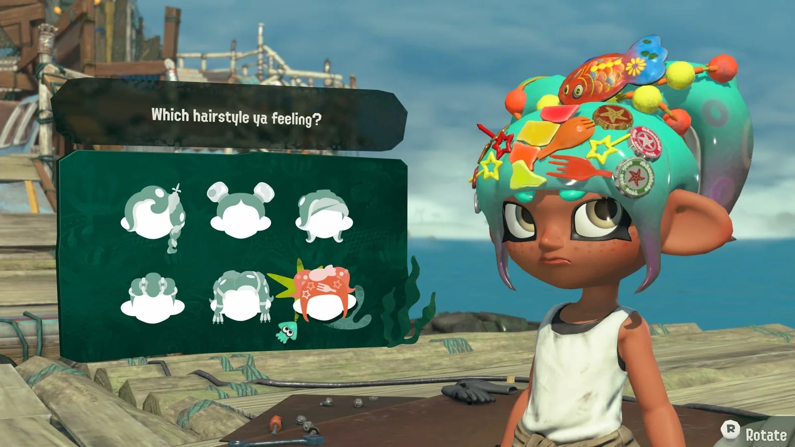 Capture officielle de Splatoon Raiders montrant le Mécano et la personnalisation sur une île