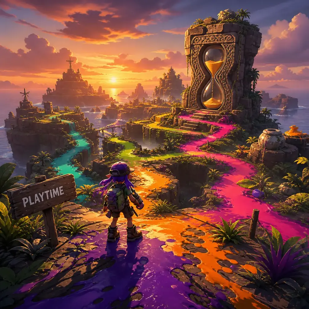 AI-assisted editorial illustration of colorful island routes and a large hourglass for planning game time