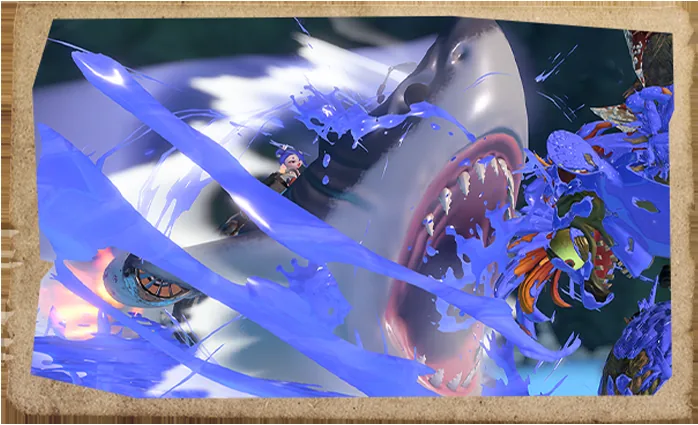 Official Splatoon Raiders combat scene showing ink-based weapon action against a large enemy
