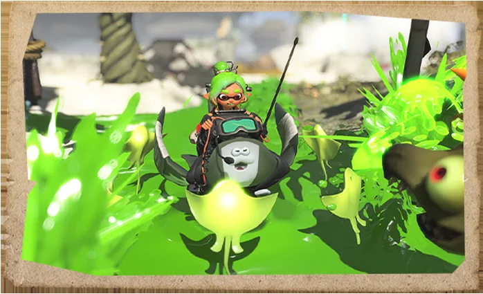 Official Splatoon Raiders gameplay scene showing a player using ink and equipment during a raid